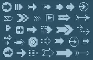 Pixeleted retro arrows. 8 bit navigation cursors, pixel game UI elements, retro 90s app icons. square pointer symbols collection. vector