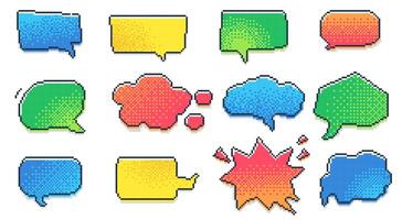 Retro 8 bit speech bubble. Cartoon speech bubbles game comic message frames, 3D chat dialogue boxes with thought and speech text. colorful speech bubbles isolated set vector