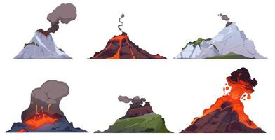 Volcano eruption. Mountains with fire lava explosion with smoke. Volcanic magma flow element for dangerous computer game landscape. Volcanoes isolated set vector