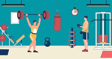 People in gym. Men doing lifting exercises in gym, working out and keeping fit. Man with barbell and dumbbell. Active lifestyle concept background vector