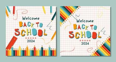 Back to school set of banners. Modern illustrations of colorful pencils frame and text. Student, pupil. Trendy illustrations for card, web banner design. vector