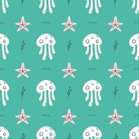 Jellyfishes and starfish seamless pattern flat . Cute cartoon style sea and ocean creature, animal. Symmetrical square composition, for print design, wallpaper, wrapping paper or web. vector