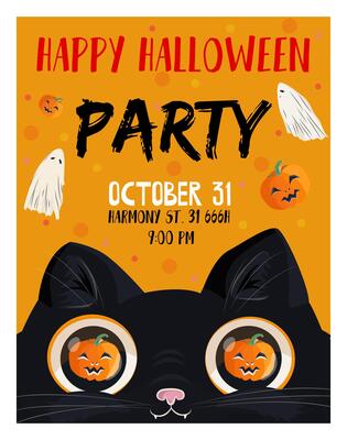 Halloween party flyer with holiday carnival ghosts. poster with creepy black cat with pumpkin eyes. flying spectral ghosts and mysterious black cat. invitation poster with spooky festive characters