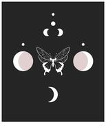Banner Mystical moon phase and Butterfly, alchemy esoteric magic space, sacred wheel of the year, isolated on black background. Black poster with minimalistic style abstract trendy illustration vector