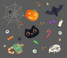 Elements of Halloween cartoon elements. illustration, big set of spooky design elements in simple style. Scary items, symbols and signs. Halloween decorations vector