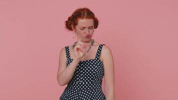 Displeased girl gesturing hands with irritation, displeasure blaming scolding for failure asking why video