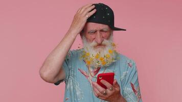 Man use smartphone typing browsing, loses becoming surprised sudden lottery results, bad fortune video
