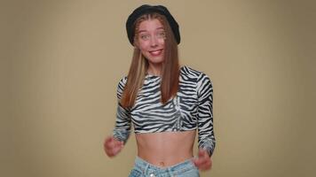 Girl showing inviting gesture with hands, ask to join, beckoning to coming, gesturing hello, goodbye video