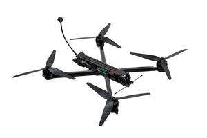 Modern FPV drone on a white back. Four-engine aircraft on the radio control. Drone for racing, filming and entertainment. photo
