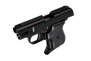 Modern semi-automatic pistol. Small short-barreled weapon for concealed carry. Ladies' pistol. Isolate on white back. photo