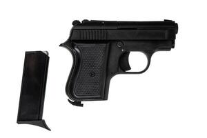 Modern semi-automatic pistol. Small short-barreled weapon for concealed carry. Ladies' pistol. Isolate on white back. photo