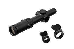 Modern sniper scope on a white back. Optical device for aiming and shooting at long distances. photo