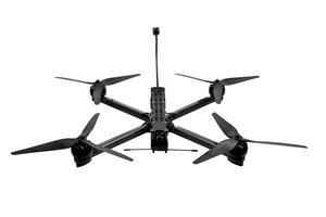 Modern FPV drone on a white back. Four-engine aircraft on the radio control. Drone for racing, filming and entertainment. photo