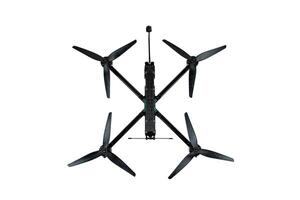 Modern FPV drone on a white back. Four-engine aircraft on the radio control. Drone for racing, filming and entertainment. photo