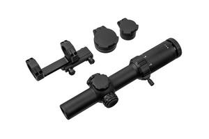 Modern sniper scope on a white back. Optical device for aiming and shooting at long distances. photo