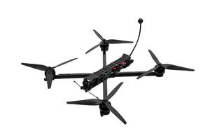 Modern FPV drone on a white back. Four-engine aircraft on the radio control. Drone for racing, filming and entertainment. photo