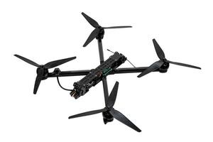 Modern FPV drone on a white back. Four-engine aircraft on the radio control. Drone for racing, filming and entertainment. photo