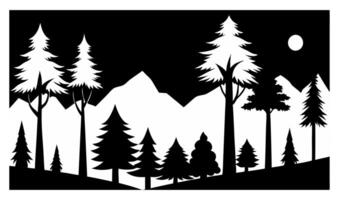 Black and white illustration of a forest with mountains in the background vector