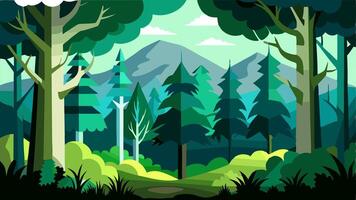 illustration of a dense green forest with tall trees, bushes and mountains in the background vector