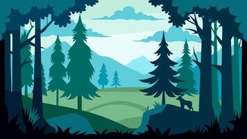 illustration of a dense green forest with tall trees, bushes, and mountains in the background vector