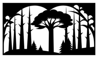 Black and white illustration of a forest with mountains in the background vector