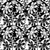 Black and white flowers with wave background seamless pattern vector