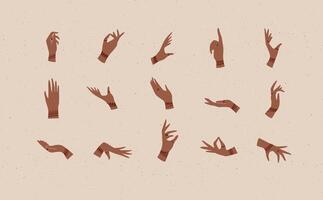 Hands with bracelets and rings in ethnical style in different positions to express feelings and emotions drawing on beige background vector