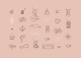 Set of minimalism modern coffee elements for your design drawing in flat line style on beige background vector