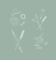 Collection of tools and accessories for creating hairstyles drawing on green background vector