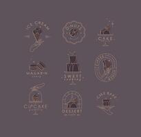 Bakery dessert labels with lettering in art deco style drawing with brown on chocolate color background vector