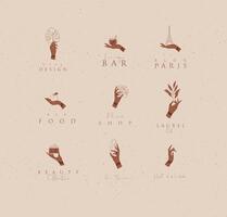 Hand labels with bracelets, rings holding decorative elements with lettering in minimalist style drawing on beige background. vector