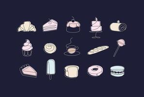 Linear bakery and dessert icons cupcake, lollipop, coffee, baguette, pie, doughnut, ice cream, cake, macarons, bread, biscuit drawing in pen line style on black background vector