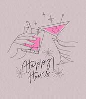 Poster clinking glasses with lettering happy hours drawing with color on pink background vector