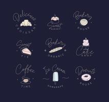 Linear bakery and dessert labels croissant, cupcake, pie, baguette, cake, coffee, ice cream, doughnut with lettering drawing in pen line style on black background vector