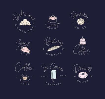 Linear bakery and dessert labels croissant, cupcake, pie, baguette, cake, coffee, ice cream, doughnut with lettering drawing in pen line style on black background