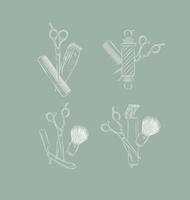 Barbershop symbol compositions collection with clipper, trimmer, blade, shaving brush, scissors, comb, straight razor, barber pole drawing on green background vector