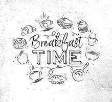 Breakfast time monogram with food icon drawing on dirty paper background vector