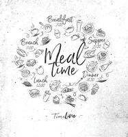 Meal time monogram with food icon drawing on dirty paper background vector