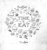 Time to eat monogram with food icon drawing on dirty paper background vector