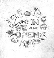 We are open monogram with food icon drawing on dirty paper background vector