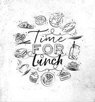 Time for lunch monogram with food icon drawing on dirty paper background vector