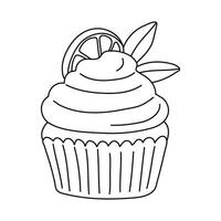 Hand drawn doodle cupcake with lemon slice isolated on white background. vector