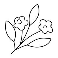 Hand drawn sketch branch with flowers and leaves isolated on white background. Simple doodle style. vector
