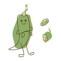 Cute chilli pepper character and pieces of chilli pepper. Hand drawn illustration. vector