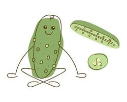 Cucumber character and half, piece of cucumber. Hand drawn illustration. vector