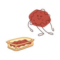 Character minced meat and a dish with minced meat. Hand drawn illustration. vector
