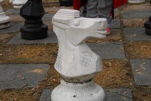 Large Chest Pieces On A Large Chess Board In A Yard. photo