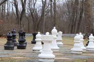 Large Chest Pieces On A Large Chess Board In A Yard. photo