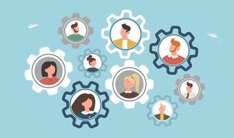 Working wrenches near mechanism with employees vector