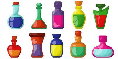 Set of glass vials and bottles with multi-colored liquid, various containers for magical decoctions or laboratory glassware for chemicals vector